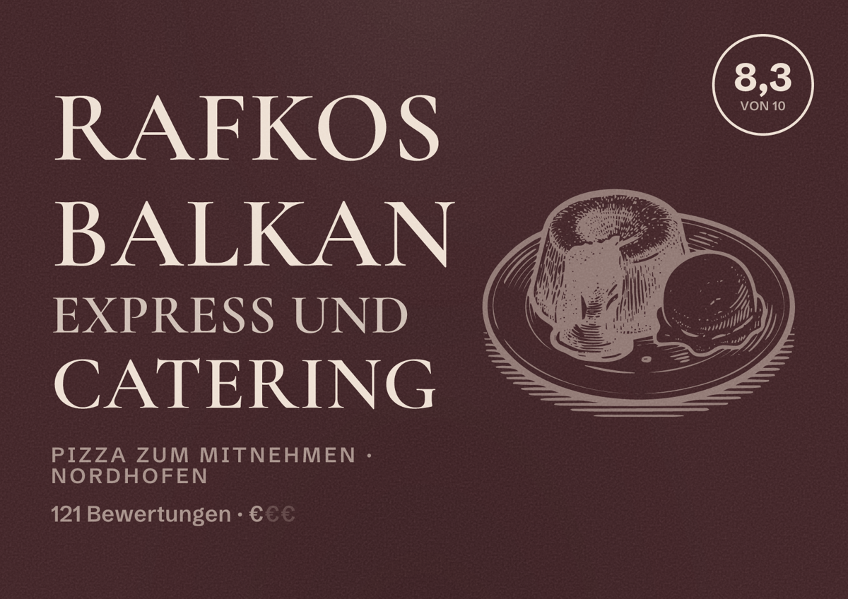 Illustriertes Poster von Rafkos Balkan Express und Catering, Pizza zum Mitnehmen in Nordhofen: Bewertung 8,3 von 10 aus 121 Bewertungen, Preisniveau €