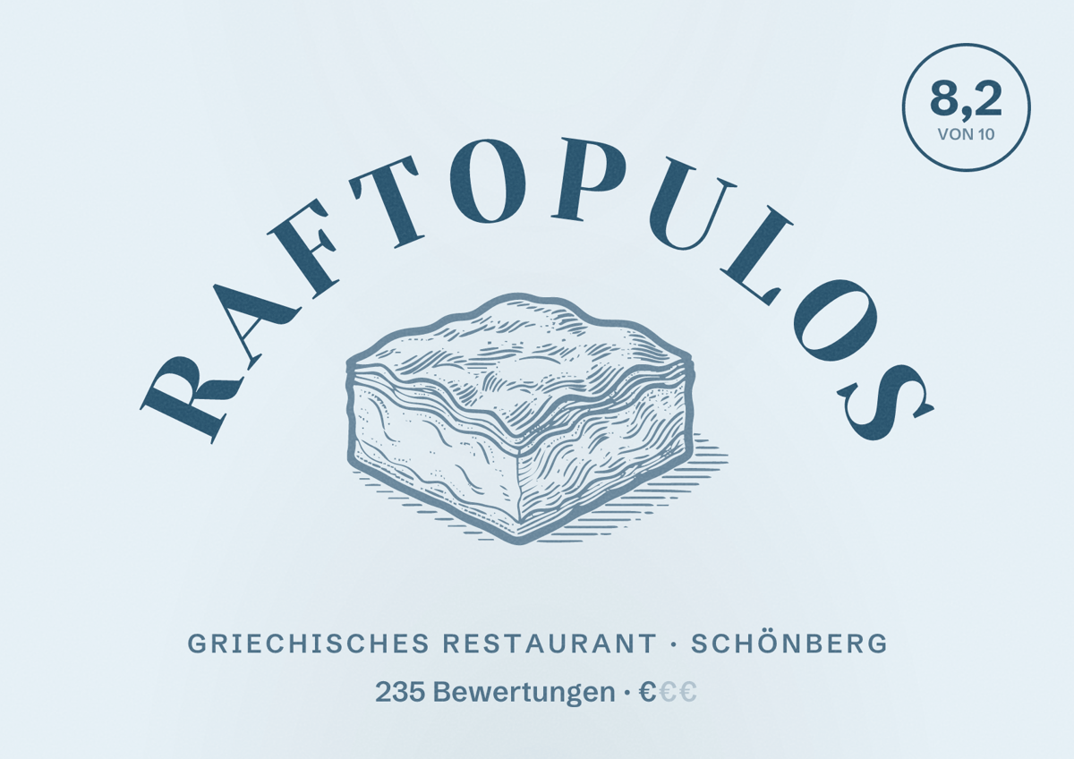 Illustriertes Poster von Raftopulos, Griechisches Restaurant in Schönberg: Bewertung 8,2 von 10 aus 235 Bewertungen, Preisniveau €