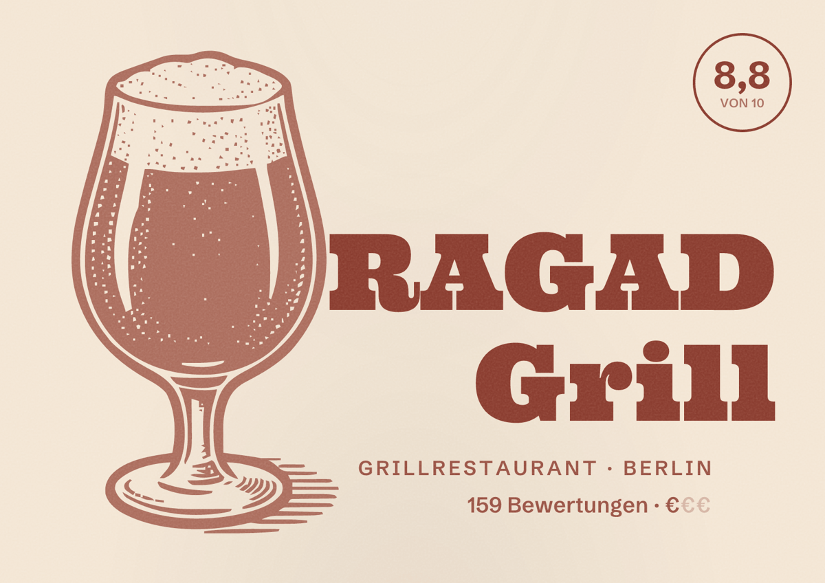 Illustriertes Poster von RAGAD Grill, Grillrestaurant in Berlin: Bewertung 8,8 von 10 aus 159 Bewertungen, Preisniveau €