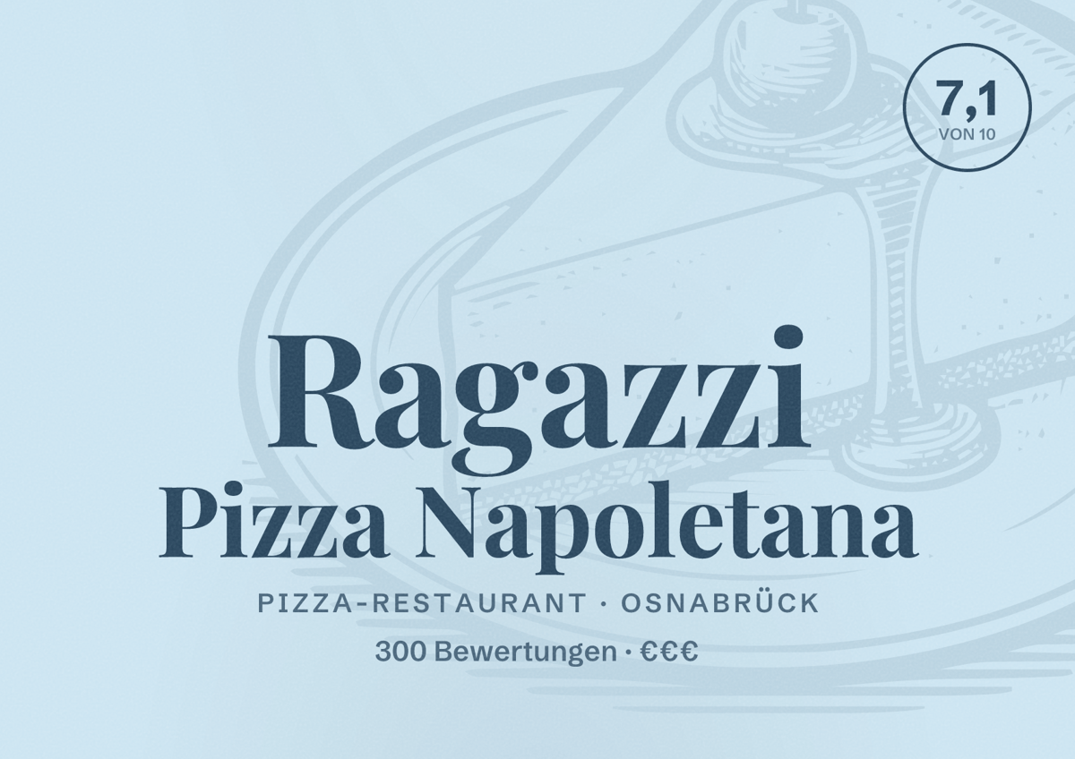 Illustriertes Poster von Ragazzi Pizza Napoletana, Pizza-Restaurant in Osnabrück: Bewertung 7,1 von 10 aus 300 Bewertungen, Preisniveau €€€