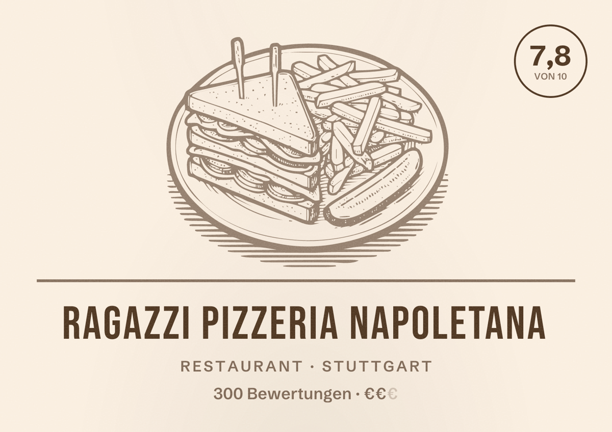 Illustriertes Poster von RAGAZZI PIZZERIA NAPOLETANA, Restaurant in Stuttgart: Bewertung 7,8 von 10 aus 300 Bewertungen, Preisniveau €€