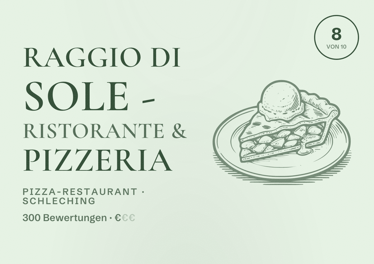 Illustriertes Poster von Raggio di Sole - Ristorante & Pizzeria, Pizza-Restaurant in Schleching: Bewertung 8 von 10 aus 300 Bewertungen, Preisniveau €