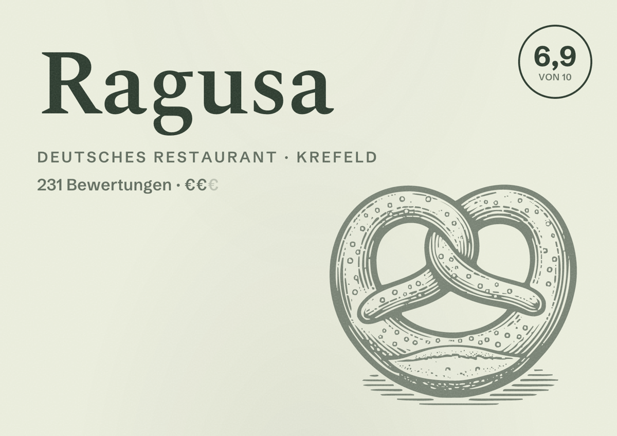 Illustriertes Poster von Ragusa, Deutsches Restaurant in Krefeld: Bewertung 6,9 von 10 aus 231 Bewertungen, Preisniveau €€