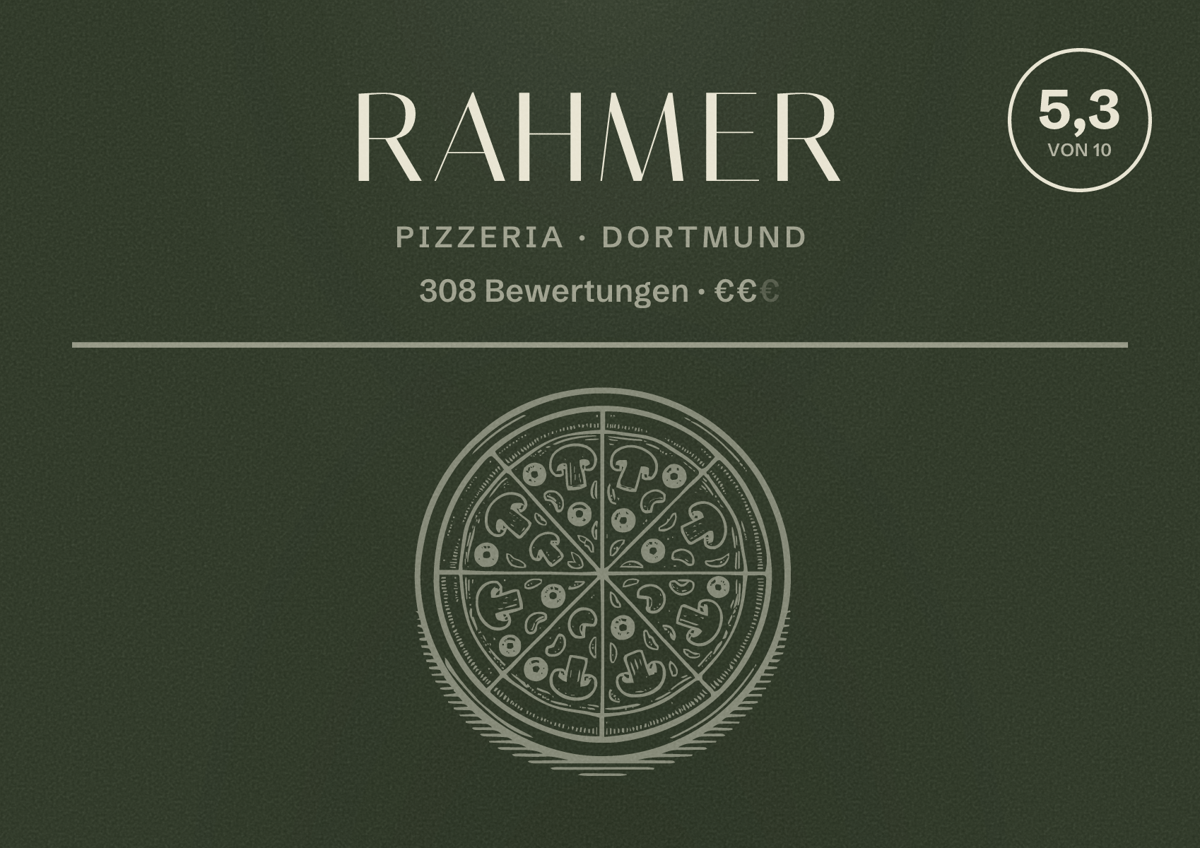 Illustriertes Poster von Rahmer, Pizzeria in Dortmund: Bewertung 5,3 von 10 aus 308 Bewertungen, Preisniveau €€