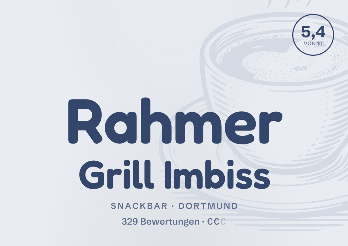 Illustriertes Poster von Rahmer Grill Imbiss, Snackbar in Dortmund: Bewertung 5,4 von 10 aus 329 Bewertungen, Preisniveau €€