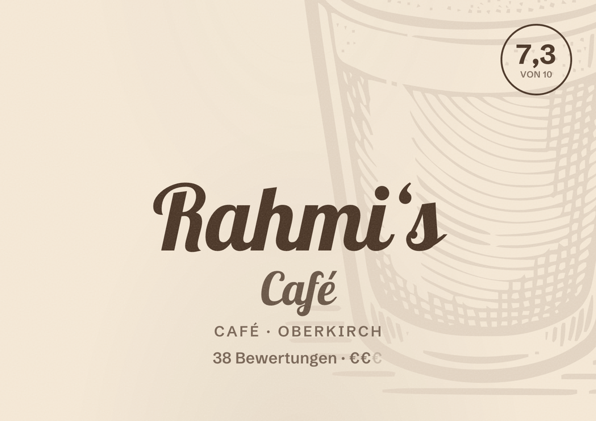 Illustriertes Poster von Rahmi‘s Café, Café in Oberkirch: Bewertung 7,3 von 10 aus 38 Bewertungen, Preisniveau €€