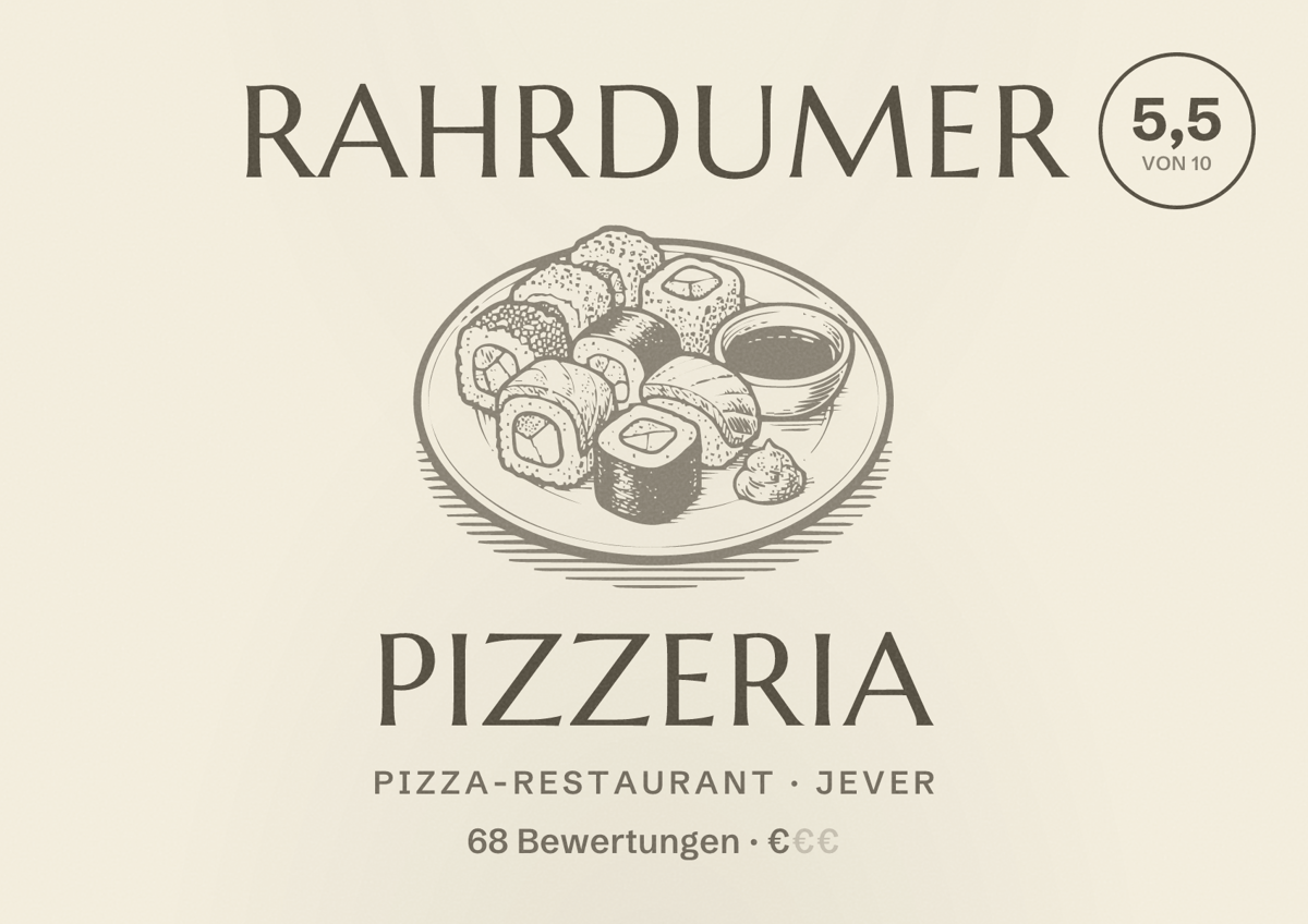 Illustriertes Poster von Rahrdumer Pizzeria, Pizza-Restaurant in Jever: Bewertung 5,5 von 10 aus 68 Bewertungen, Preisniveau €