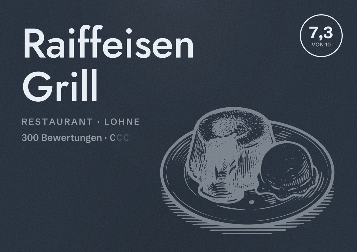 Illustriertes Poster von Raiffeisen Grill, Restaurant in Lohne: Bewertung 7,3 von 10 aus 300 Bewertungen, Preisniveau €