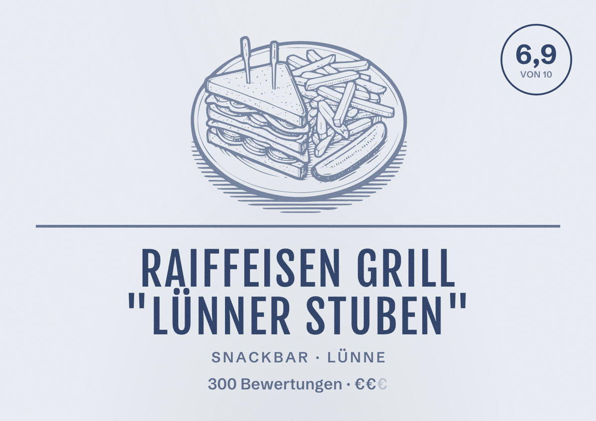 Illustriertes Poster von Raiffeisen Grill "Lünner Stuben", Snackbar in Lünne: Bewertung 6,9 von 10 aus 300 Bewertungen, Preisniveau €€
