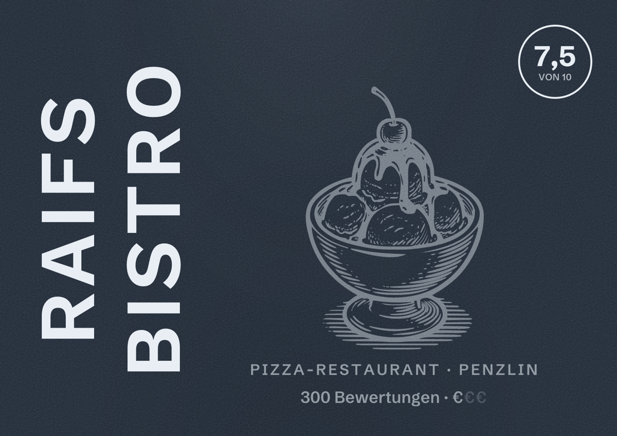 Illustriertes Poster von Raifs Bistro, Pizza-Restaurant in Penzlin: Bewertung 7,5 von 10 aus 300 Bewertungen, Preisniveau €