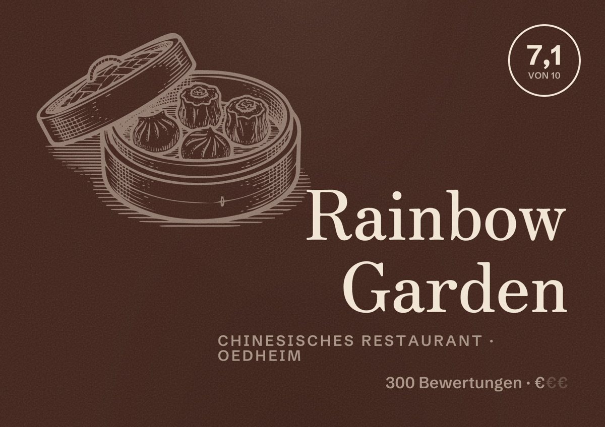 Illustriertes Poster von Rainbow Garden, Chinesisches Restaurant in Oedheim: Bewertung 7,1 von 10 aus 300 Bewertungen, Preisniveau €