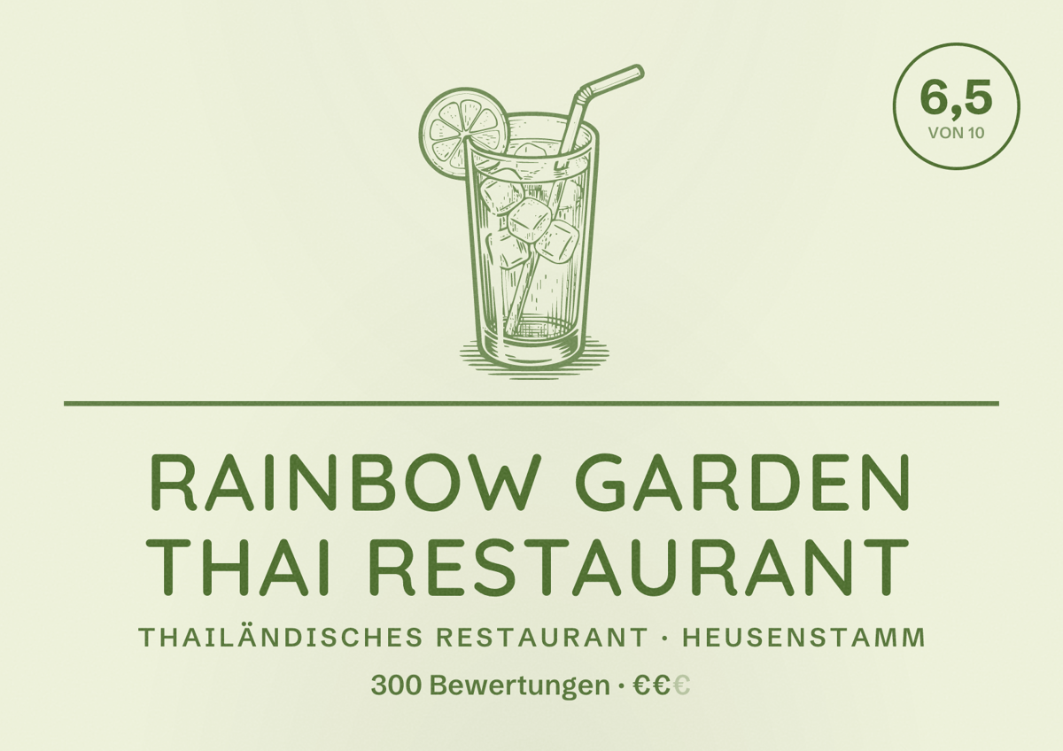 Illustriertes Poster von Rainbow Garden Thai Restaurant, Thailändisches Restaurant in Heusenstamm: Bewertung 6,5 von 10 aus 300 Bewertungen, Preisniveau €€