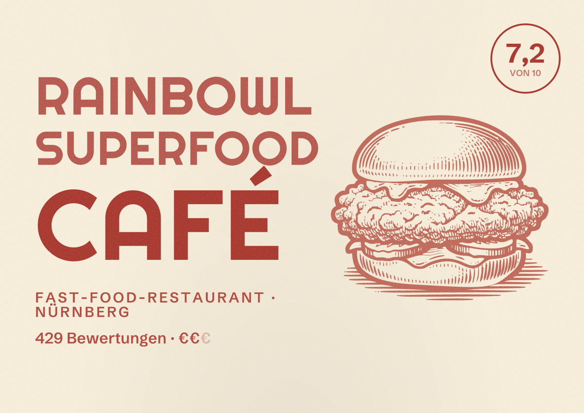 Illustriertes Poster von RainbowL Superfood Café, Fast-Food-Restaurant in Nürnberg: Bewertung 7,2 von 10 aus 429 Bewertungen, Preisniveau €€