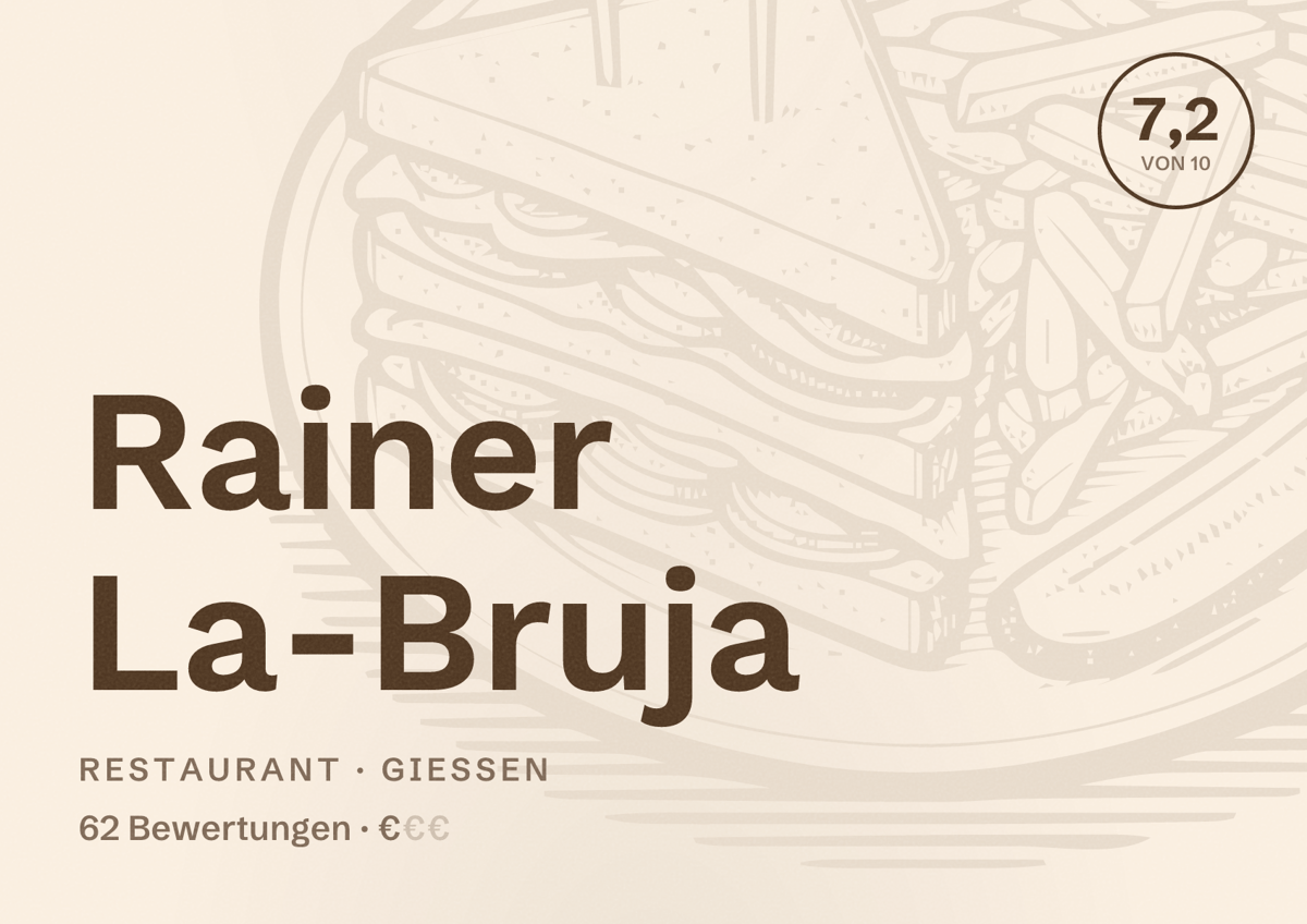 Illustriertes Poster von Rainer La-Bruja, Restaurant in Gießen: Bewertung 7,2 von 10 aus 62 Bewertungen, Preisniveau €