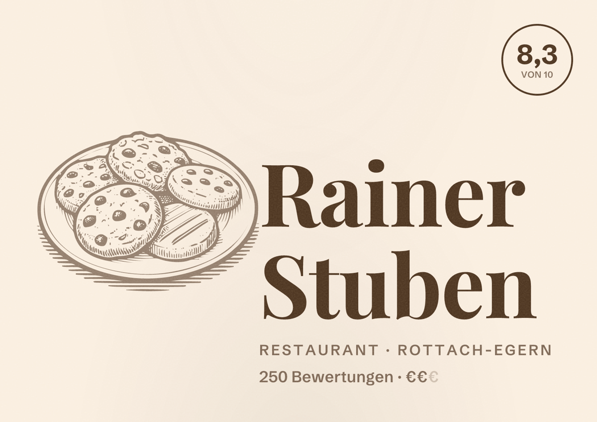Illustriertes Poster von Rainer Stuben, Restaurant in Rottach-Egern: Bewertung 8,3 von 10 aus 250 Bewertungen, Preisniveau €€