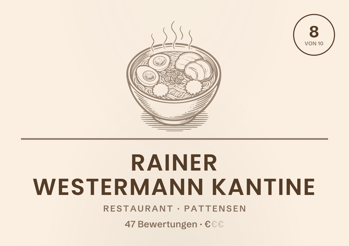 Illustriertes Poster von Rainer Westermann Kantine, Restaurant in Pattensen: Bewertung 8 von 10 aus 47 Bewertungen, Preisniveau €