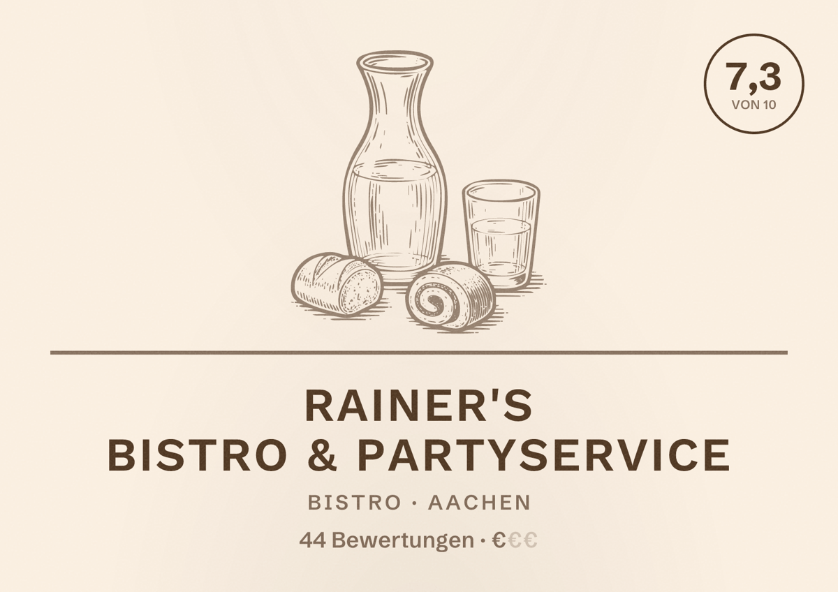 Illustriertes Poster von Rainer's Bistro & Partyservice, Bistro in Aachen: Bewertung 7,3 von 10 aus 44 Bewertungen, Preisniveau €