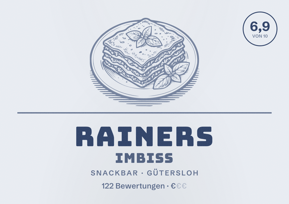 Illustriertes Poster von Rainers Imbiss, Snackbar in Gütersloh: Bewertung 6,9 von 10 aus 122 Bewertungen, Preisniveau €