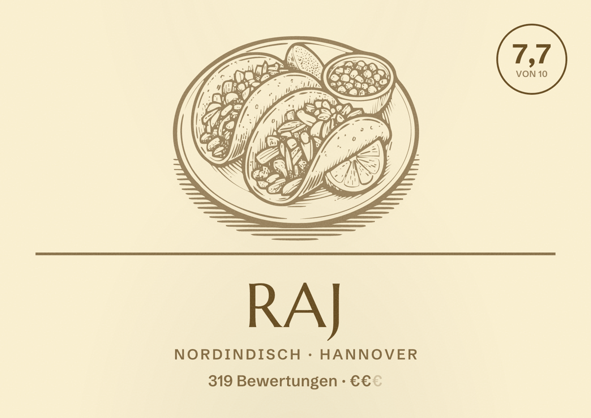 Illustriertes Poster von Raj, Nordindisch in Hannover: Bewertung 7,7 von 10 aus 319 Bewertungen, Preisniveau €€