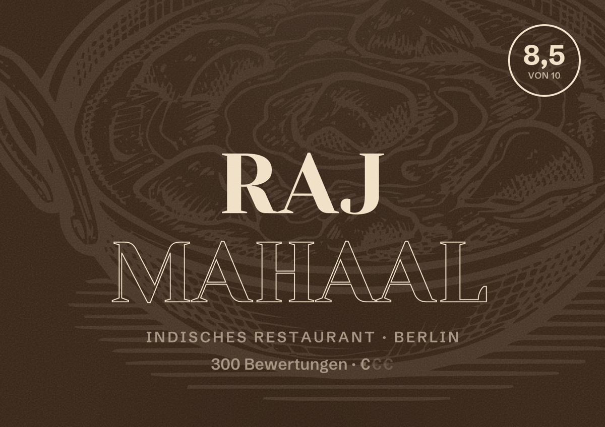 Illustriertes Poster von Raj Mahaal, Indisches Restaurant in Berlin: Bewertung 8,5 von 10 aus 300 Bewertungen, Preisniveau €