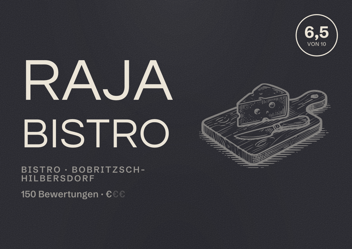Illustriertes Poster von Raja Bistro, Bistro in Bobritzsch-Hilbersdorf: Bewertung 6,5 von 10 aus 150 Bewertungen, Preisniveau €