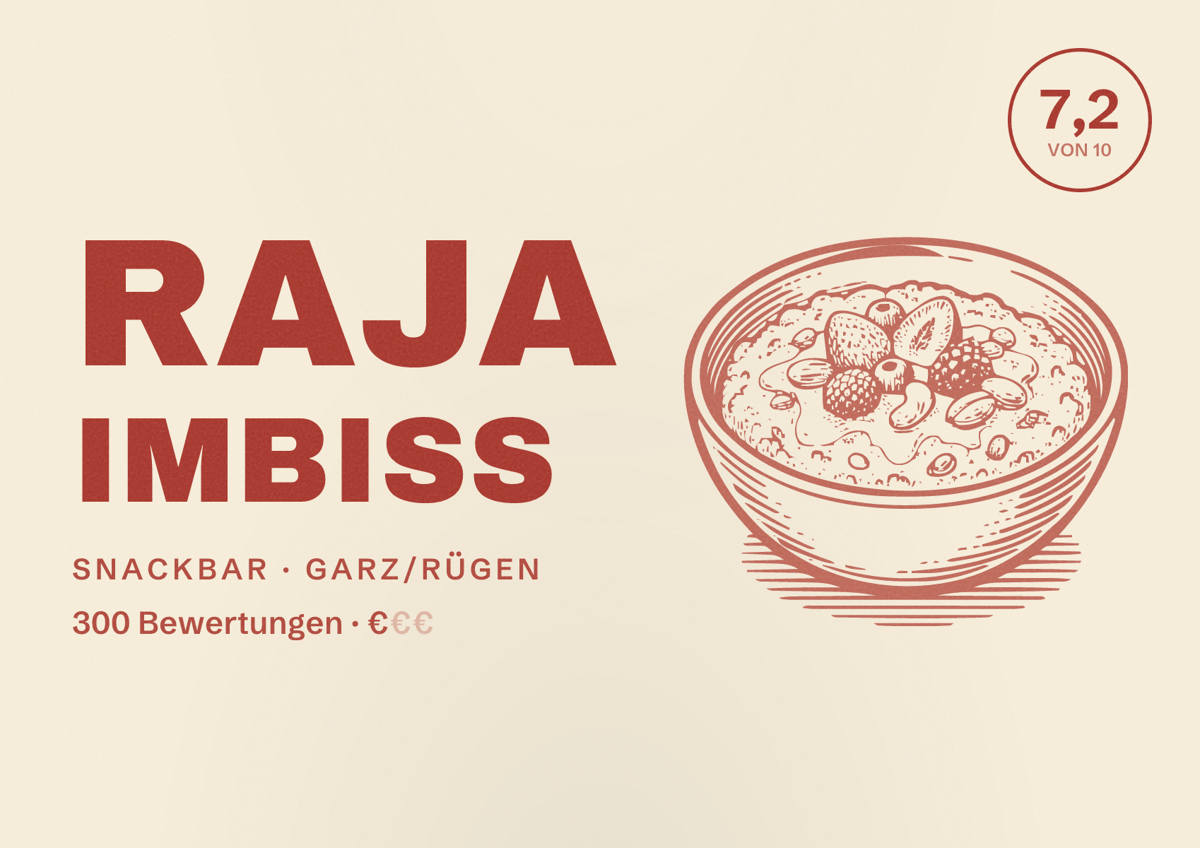 Illustriertes Poster von Raja Imbiss, Snackbar in Garz/Rügen: Bewertung 7,2 von 10 aus 300 Bewertungen, Preisniveau €
