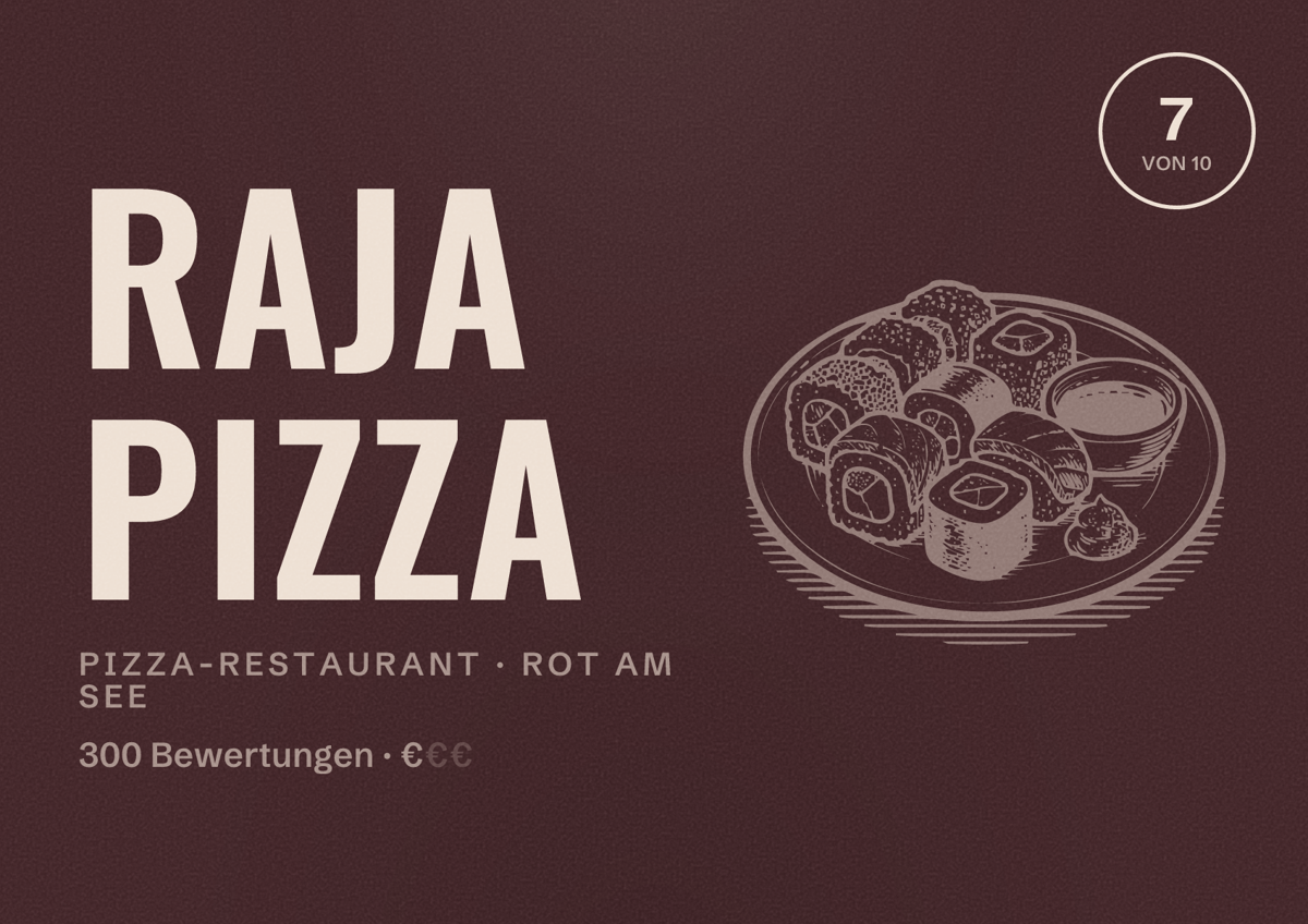 Illustriertes Poster von Raja Pizza, Pizza-Restaurant in Rot am See: Bewertung 7 von 10 aus 300 Bewertungen, Preisniveau €