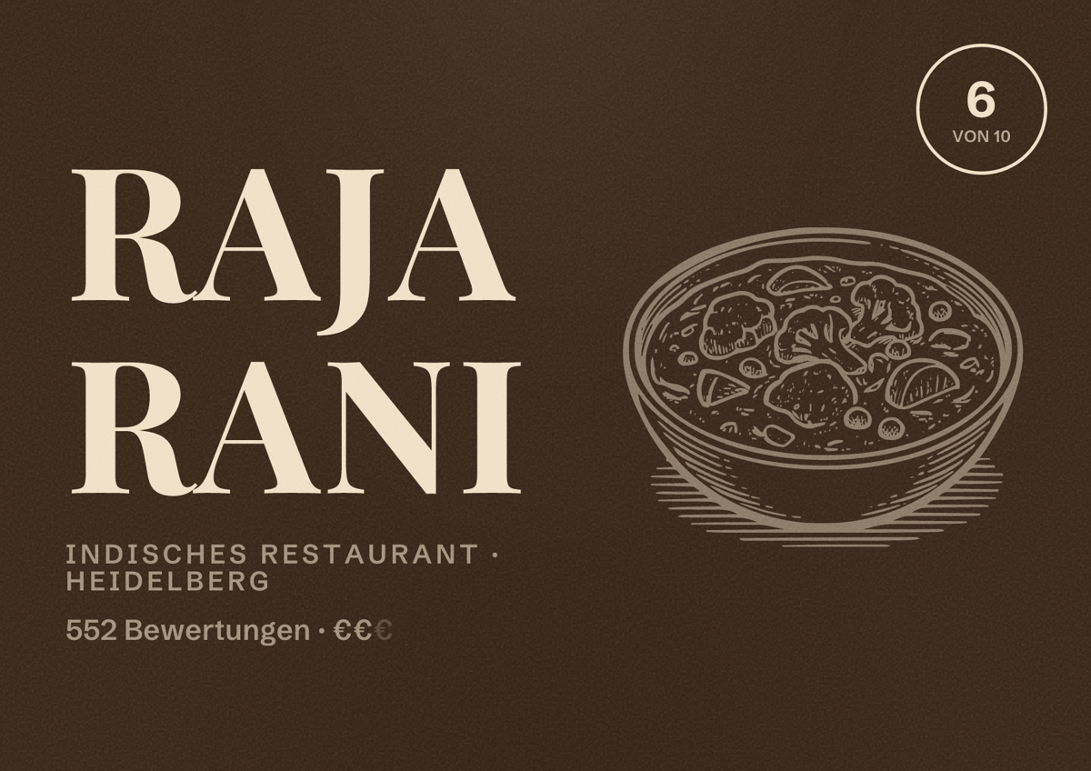Illustriertes Poster von Raja Rani, Indisches Restaurant in Heidelberg: Bewertung 6,0 von 10 aus 552 Bewertungen, Preisniveau €€
