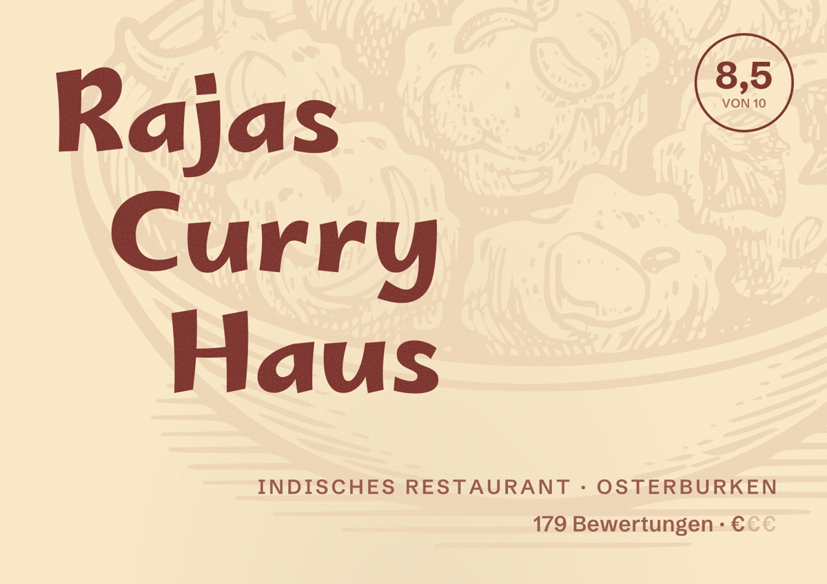 Illustriertes Poster von Rajas Curry Haus, Indisches Restaurant in Osterburken: Bewertung 8,5 von 10 aus 179 Bewertungen, Preisniveau €