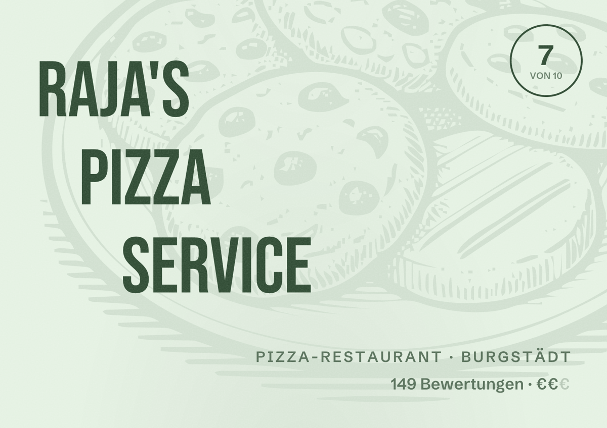 Illustriertes Poster von Raja's Pizza Service, Pizza-Restaurant in Burgstädt: Bewertung 7 von 10 aus 149 Bewertungen, Preisniveau €€