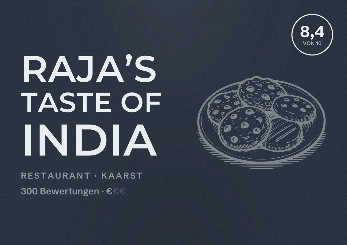 Illustriertes Poster von Raja’s Taste of India, Restaurant in Kaarst: Bewertung 8,4 von 10 aus 300 Bewertungen, Preisniveau €
