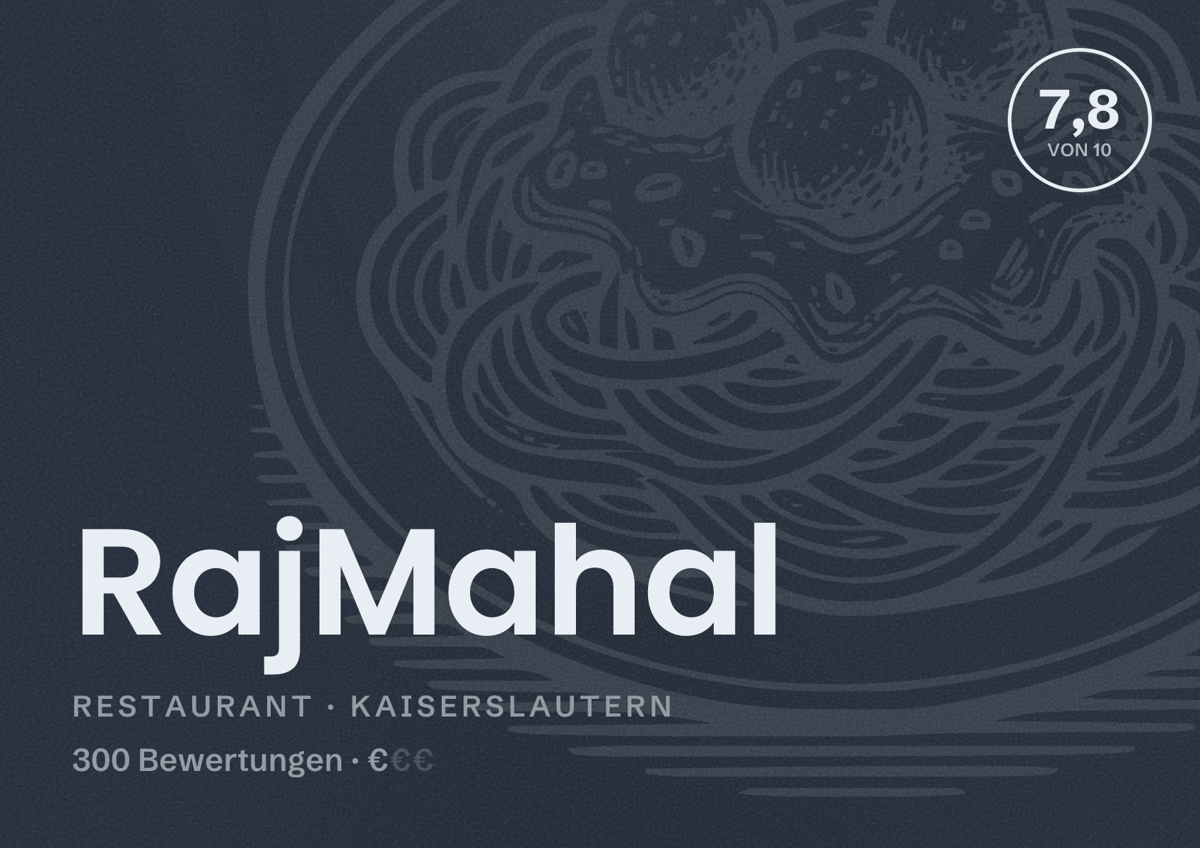 Illustriertes Poster von RajMahal, Restaurant in Kaiserslautern: Bewertung 7,8 von 10 aus 300 Bewertungen, Preisniveau €