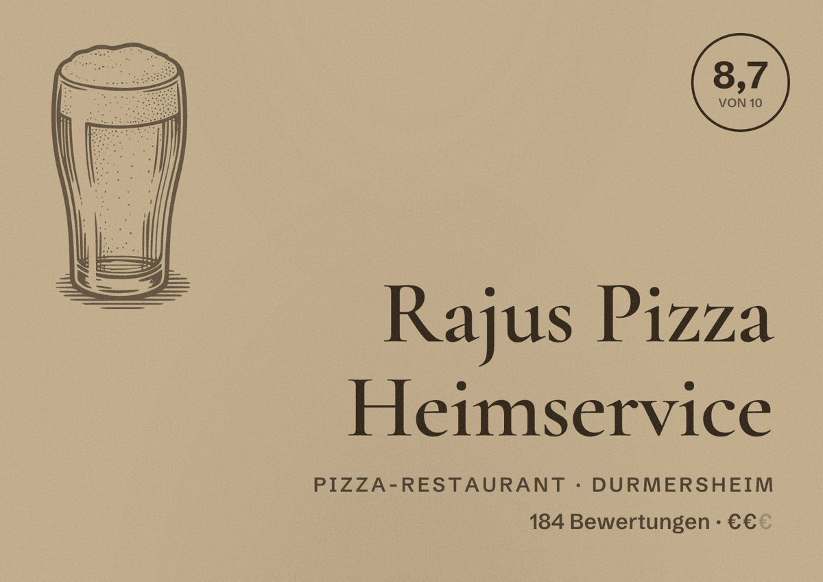 Illustriertes Poster von Rajus Pizza Heimservice, Pizza-Restaurant in Durmersheim: Bewertung 8,7 von 10 aus 184 Bewertungen, Preisniveau €€