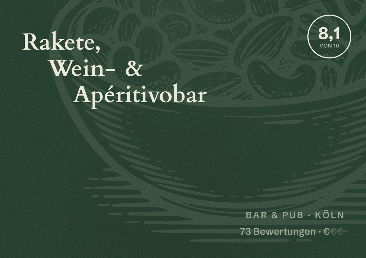 Illustriertes Poster von Rakete, Wein- & Apéritivobar, Bar & Pub in Köln: Bewertung 8,1 von 10 aus 73 Bewertungen, Preisniveau €