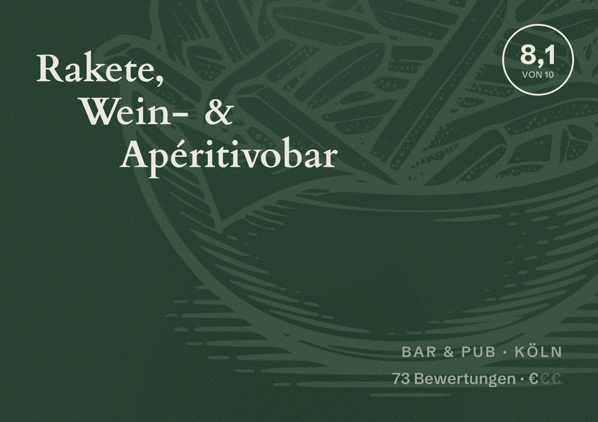 Illustriertes Poster von Rakete, Wein- & Apéritivobar, Bar & Pub in Köln: Bewertung 8,1 von 10 aus 73 Bewertungen, Preisniveau €