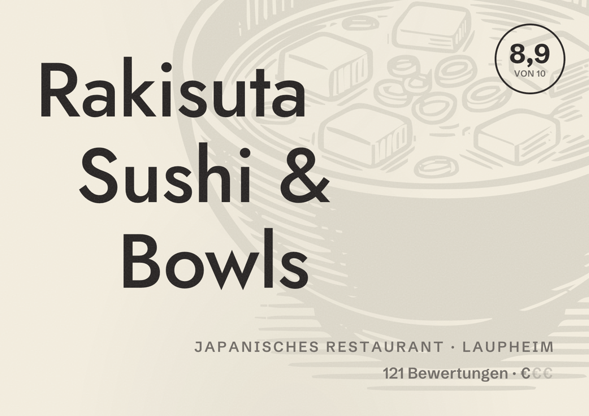 Illustriertes Poster von Rakisuta Sushi & Bowls, Japanisches Restaurant in Laupheim: Bewertung 8,9 von 10 aus 121 Bewertungen, Preisniveau €