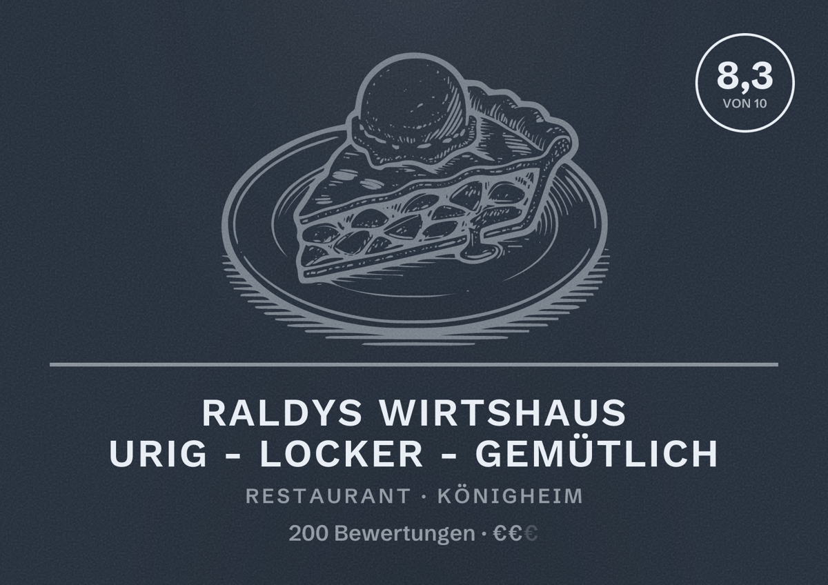 Illustriertes Poster von RALDYS WIRTSHAUS URIG - LOCKER - GEMÜTLICH, Restaurant in Königheim: Bewertung 8,3 von 10 aus 200 Bewertungen, Preisniveau €€
