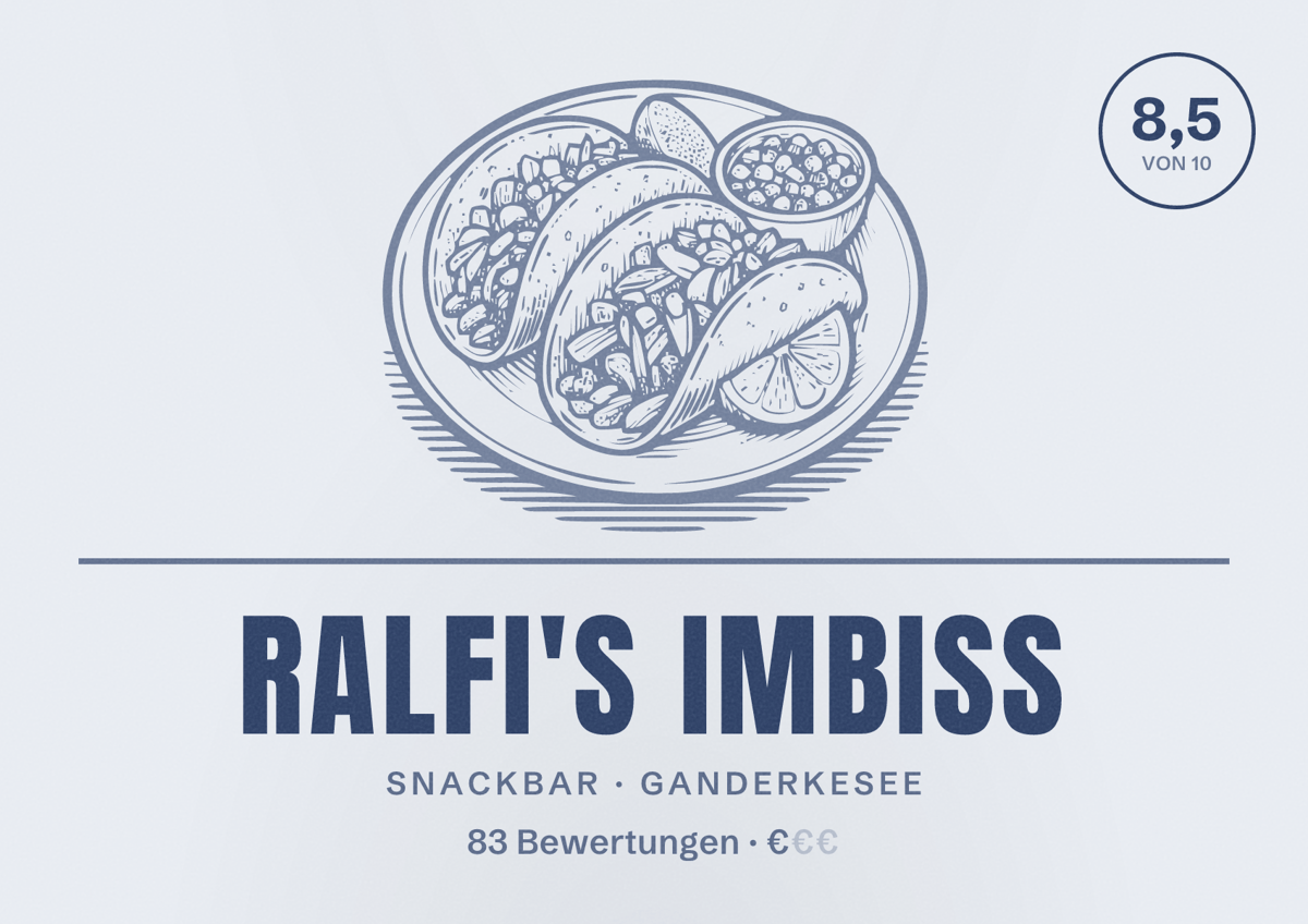 Illustriertes Poster von Ralfi's Imbiss, Snackbar in Ganderkesee: Bewertung 8,5 von 10 aus 83 Bewertungen, Preisniveau €