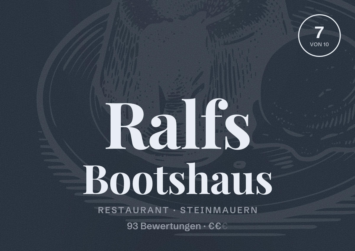 Illustriertes Poster von Ralfs Bootshaus, Restaurant in Steinmauern: Bewertung 7 von 10 aus 93 Bewertungen, Preisniveau €€