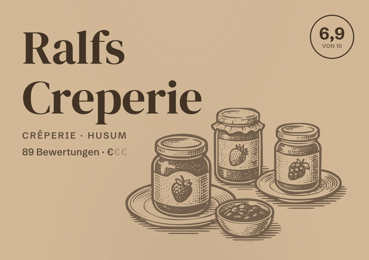 Illustriertes Poster von Ralfs Creperie, Crêperie in Husum: Bewertung 6,9 von 10 aus 89 Bewertungen, Preisniveau €