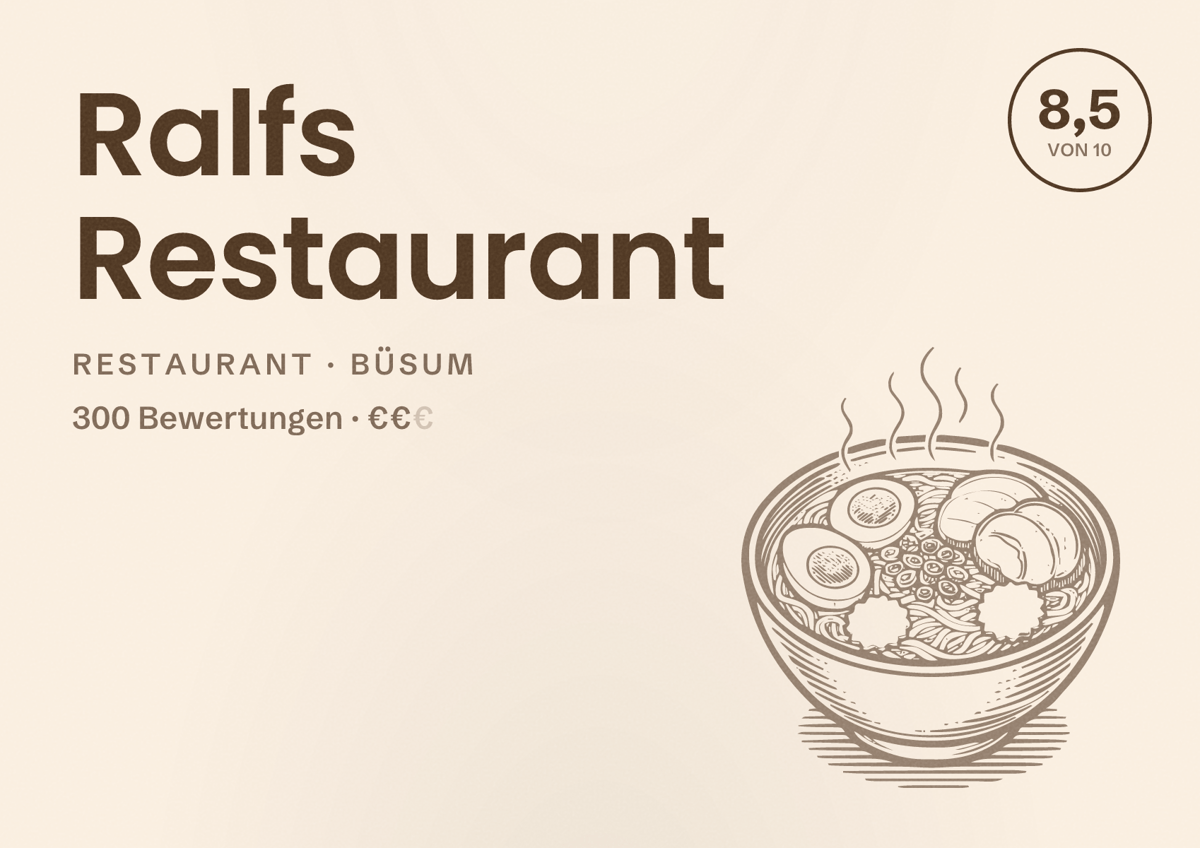 Illustriertes Poster von Ralfs Restaurant, Restaurant in Büsum: Bewertung 8,5 von 10 aus 300 Bewertungen, Preisniveau €€