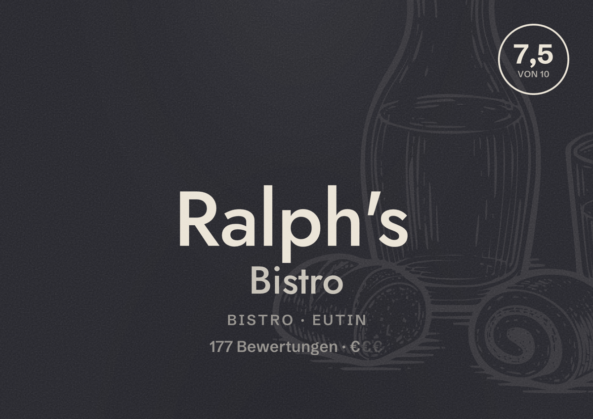 Illustriertes Poster von Ralph's Bistro, Bistro in Eutin: Bewertung 7,5 von 10 aus 177 Bewertungen, Preisniveau €
