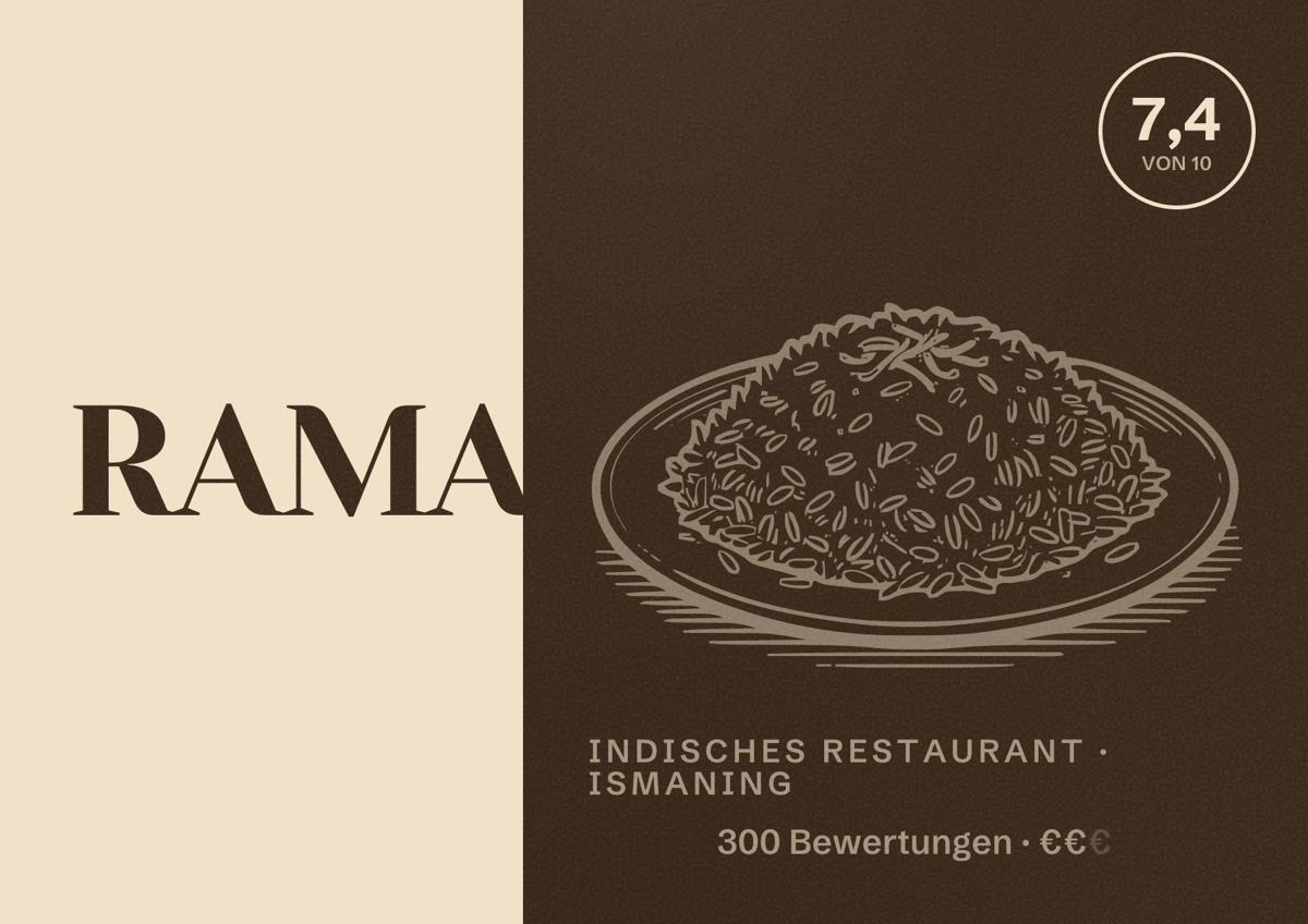 Illustriertes Poster von RAMA, Indisches Restaurant in Ismaning: Bewertung 7,4 von 10 aus 300 Bewertungen, Preisniveau €€