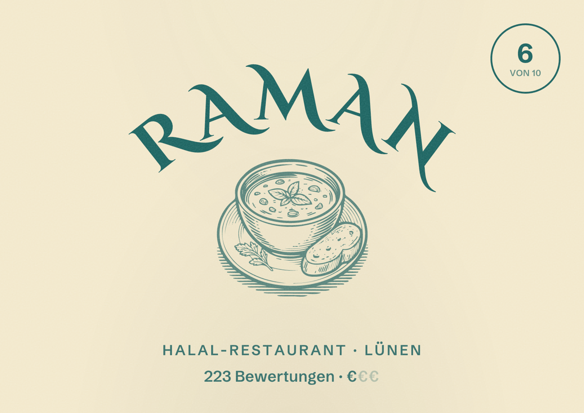 Illustriertes Poster von Raman, Halal-Restaurant in Lünen: Bewertung 6 von 10 aus 223 Bewertungen, Preisniveau €