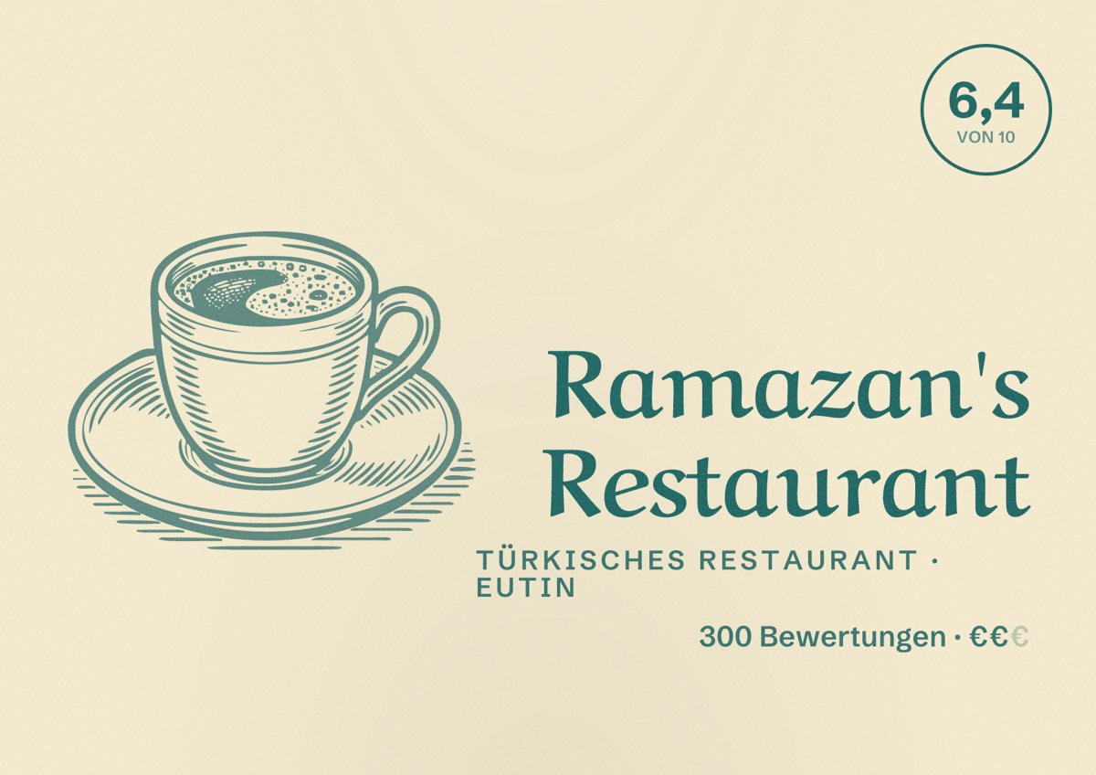 Illustriertes Poster von Ramazan's Restaurant, Türkisches Restaurant in Eutin: Bewertung 6,4 von 10 aus 300 Bewertungen, Preisniveau €€