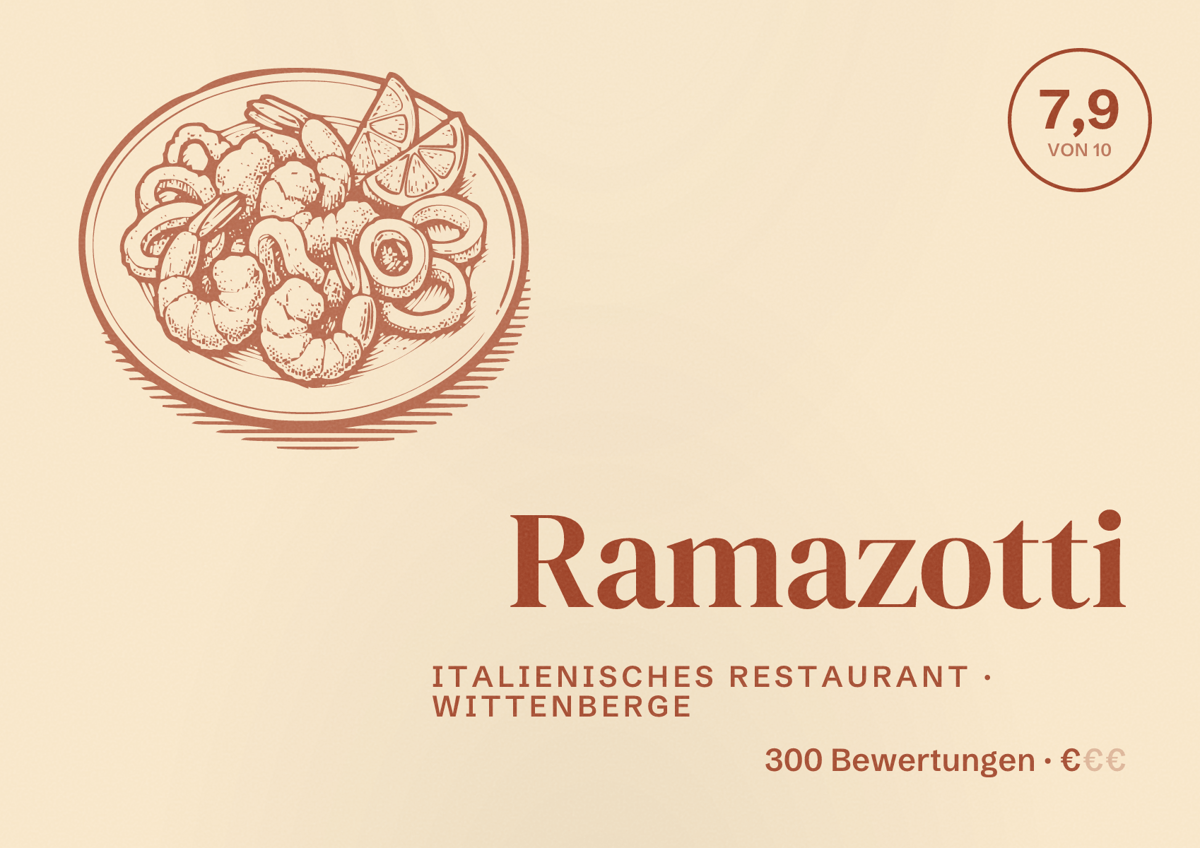 Illustriertes Poster von Ramazotti, Italienisches Restaurant in Wittenberge: Bewertung 7,9 von 10 aus 300 Bewertungen, Preisniveau €