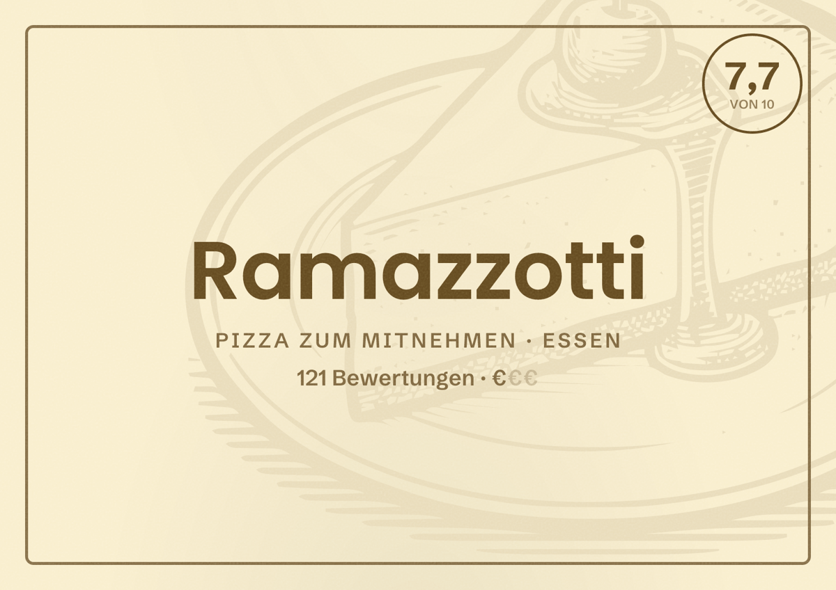 Illustriertes Poster von Ramazzotti, Pizza zum Mitnehmen in Essen: Bewertung 7,7 von 10 aus 121 Bewertungen, Preisniveau €