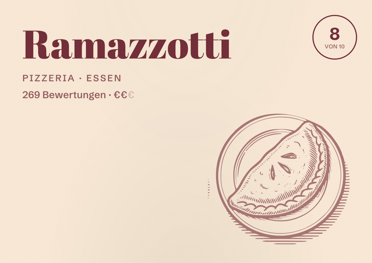 Illustriertes Poster von Ramazzotti, Pizzeria in Essen: Bewertung 8 von 10 aus 269 Bewertungen, Preisniveau €€
