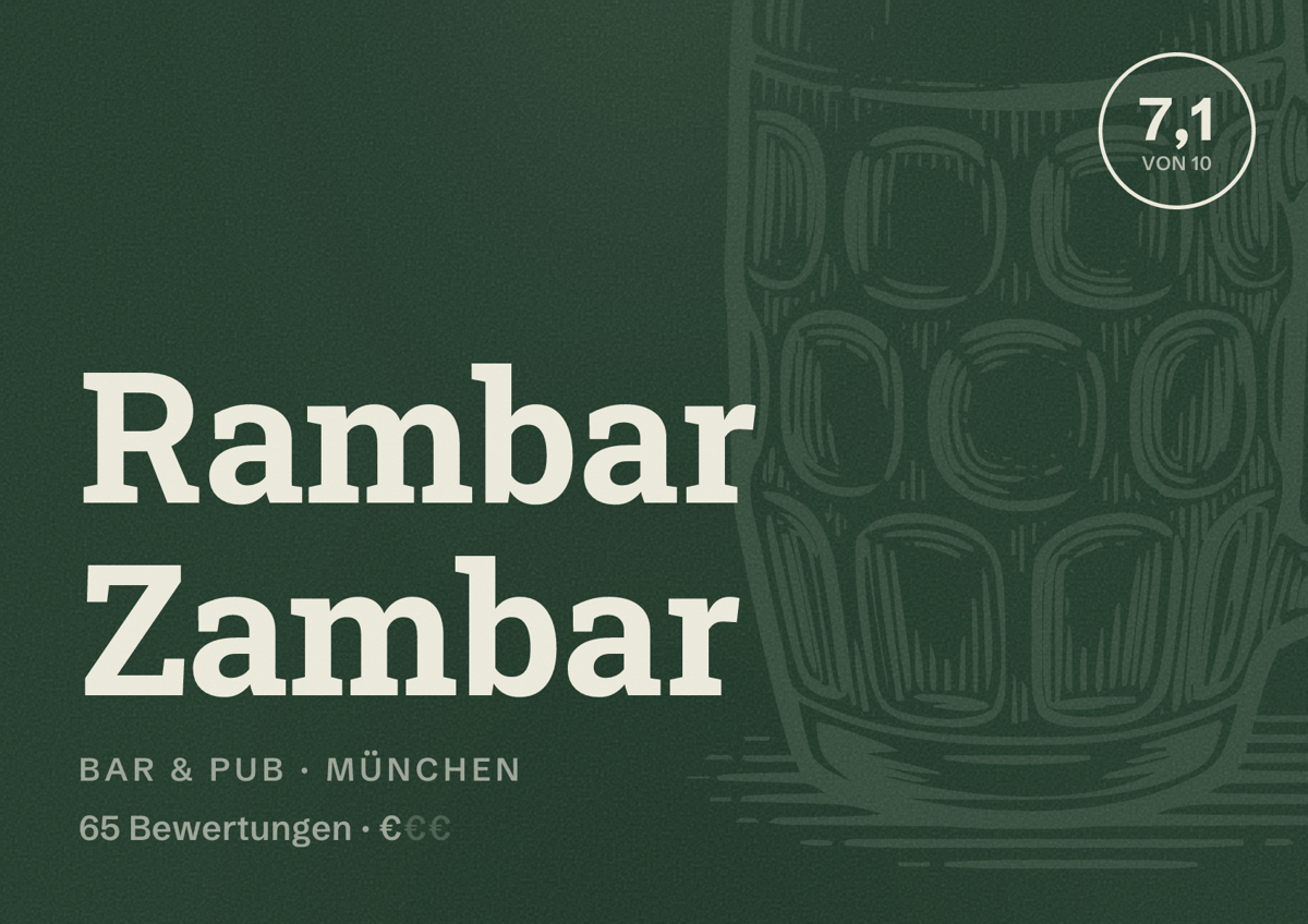 Illustriertes Poster von Rambar Zambar, Bar & Pub in München: Bewertung 7,1 von 10 aus 65 Bewertungen, Preisniveau €