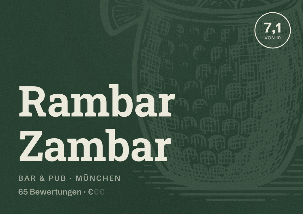 Illustriertes Poster von Rambar Zambar, Bar & Pub in München: Bewertung 7,1 von 10 aus 65 Bewertungen, Preisniveau €